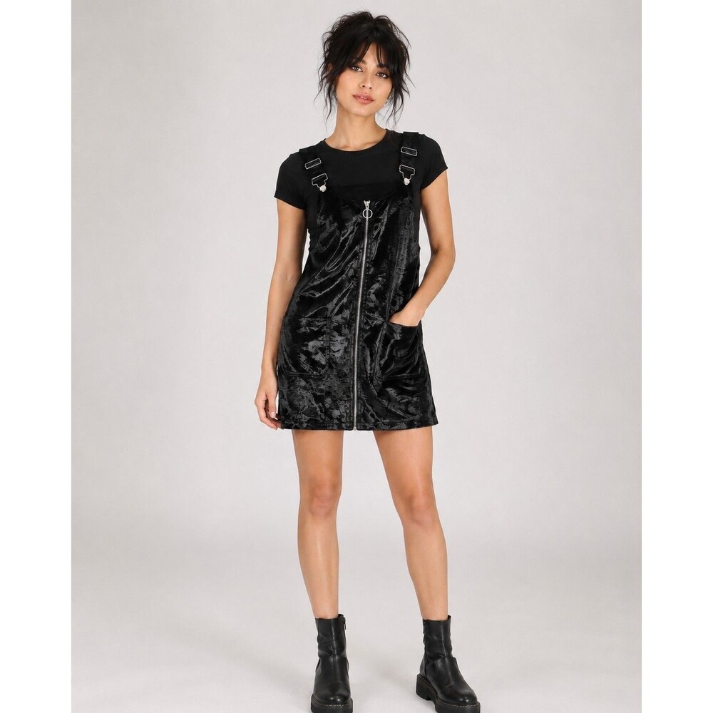 Forever 21 Women M Black Textured Satin Mini Dress Zip Front Y2K Grunge Goth